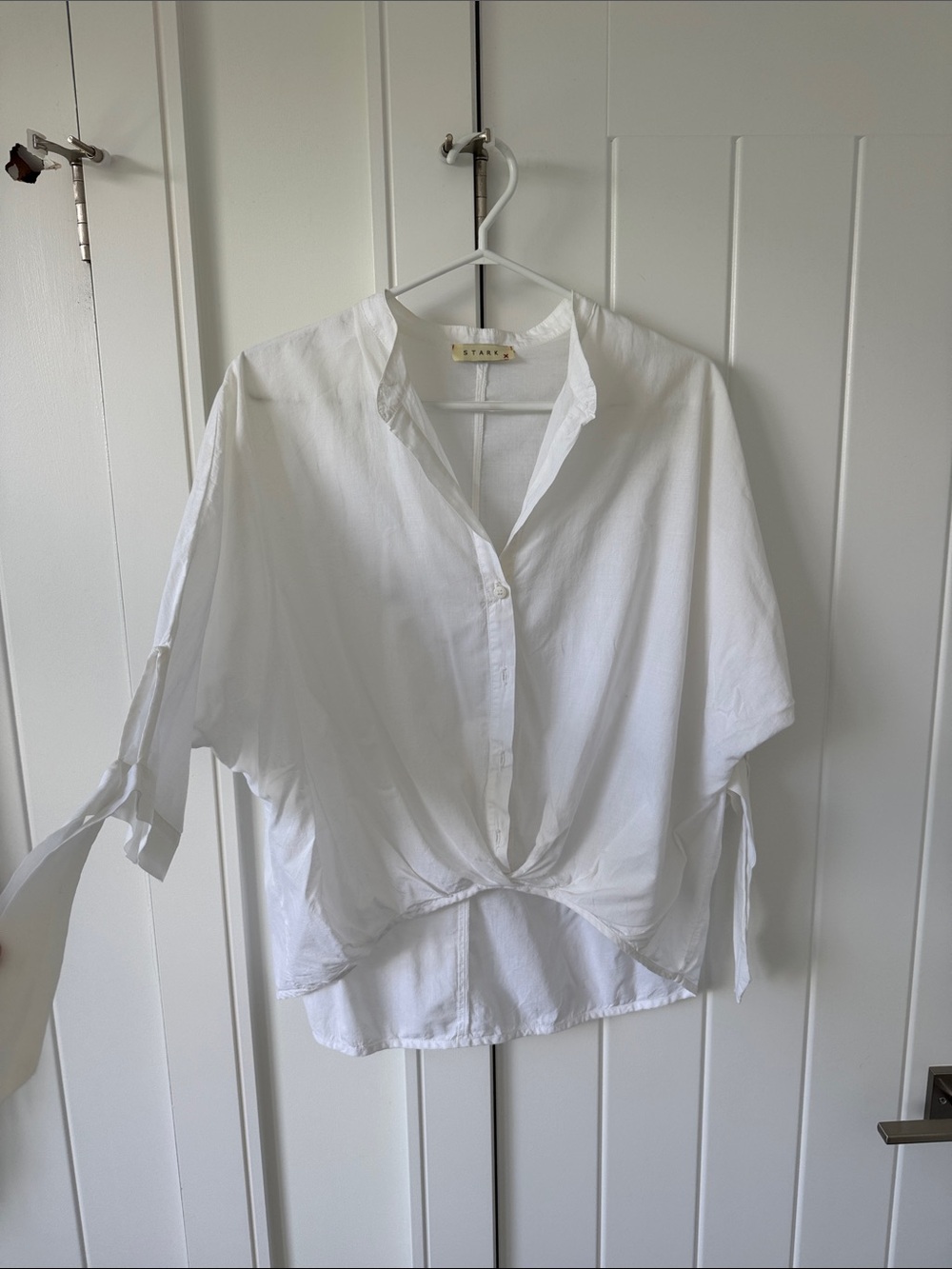 Stark White Button-Front Tie Sleeve Shirt